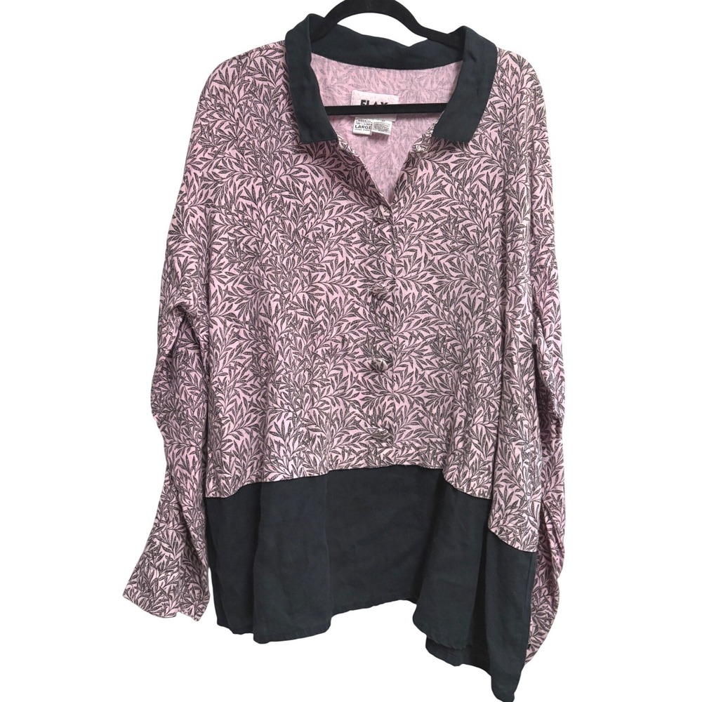 Vintage FLAX Blouse Pink Lagenlook Leaf Print‎ 100% Linen Button Down Large